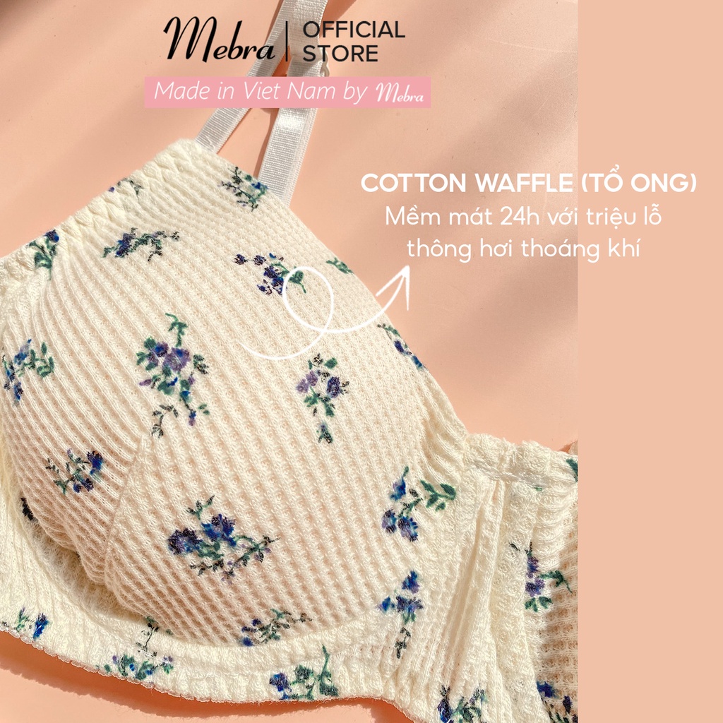 [BST 2023] Bộ Đồ Lót Nữ Có Gọng Quần Lót Tam Giác Cotton Tổ Ong Màu Be Hoa Xanh Mềm Mát Cao Cấp Mebra A067