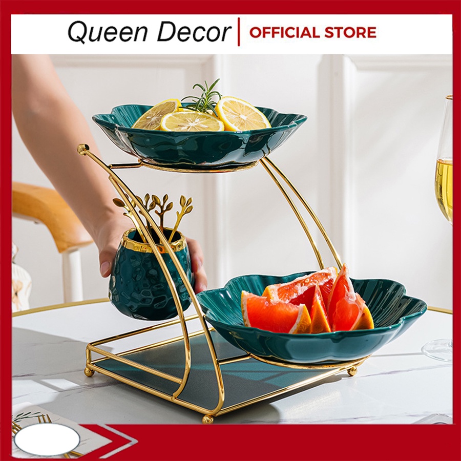 ĐĨA ĐỰNG ĐỂ BÀY HOA QUẢ TRÁI CÂY ĐỒ ĂN GỐM SỨ CAO CẤP KÈM CHÂN GIÁ ĐỠ 2 TẦNG MẠ VÀNG TẶNG DĨA XIÊN SANG TRỌNG