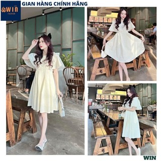 Váy Nữ Dáng Xoè Chất Vải Gấm Viền Bèo Ngực Thiết Kế Sang Chảnh, Đầm Kem Tay Bồng Điệu Đà Đi Chơi Đi Làm Cực Xinh - WIN