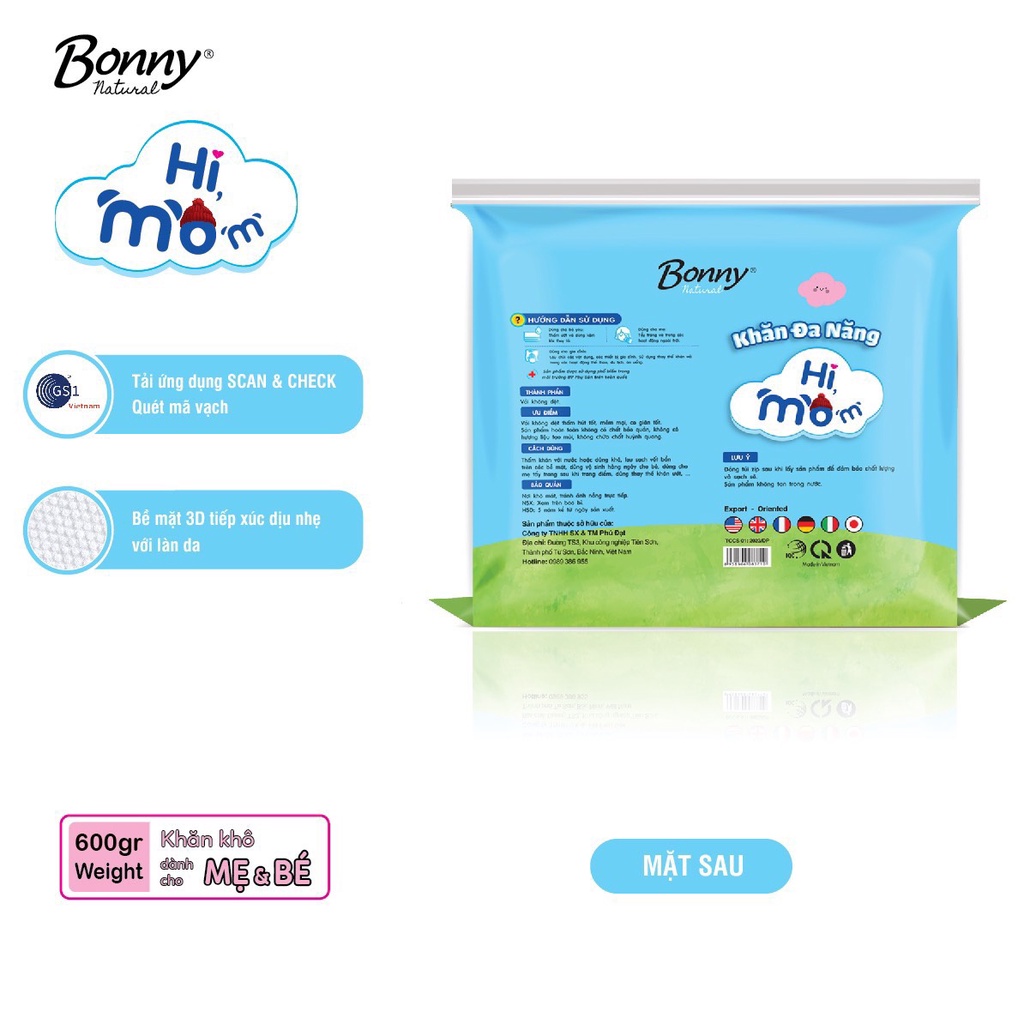 Giấy Khô/ Khăn Vải Khô Đa Năng Bonny Hi mom Mềm Mại An Toàn Cho Bé Từ Sơ Sinh Gói 600G