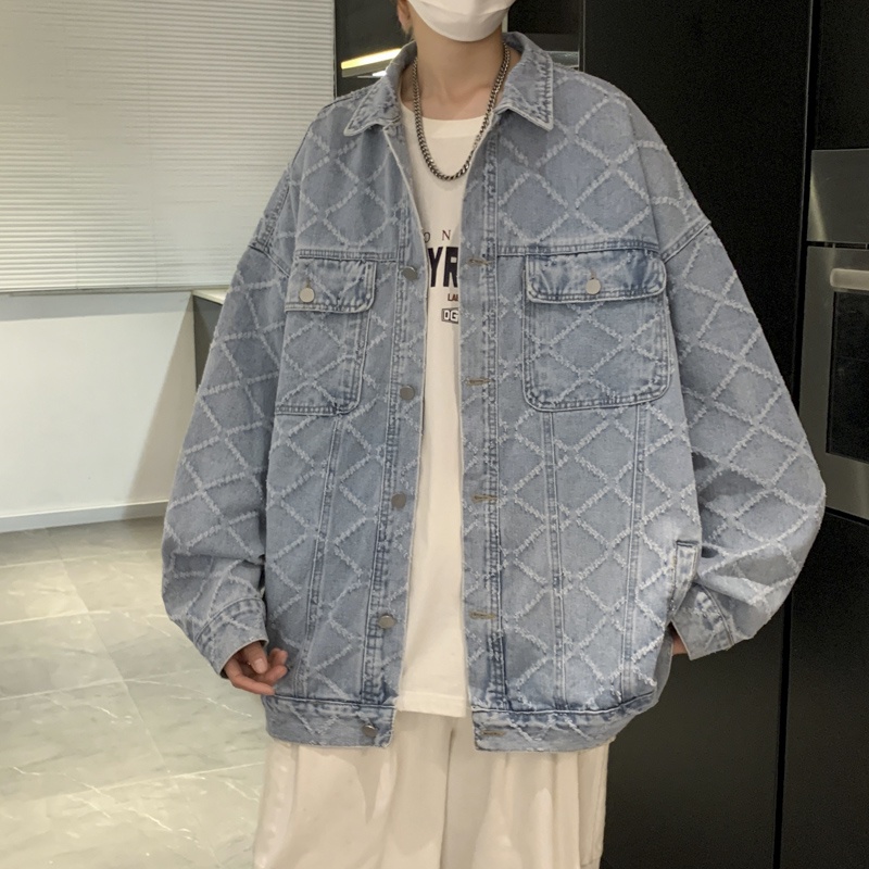 Áo khoác nam form rộng, áo bò nam túi ngực cổ sơ mi vải jean sờn caro thời trang Ulzzang Hàn Quốc mặc đi chơi đi học