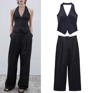 Set áo yếm và quần tây suông màu đen zara xuất xịn