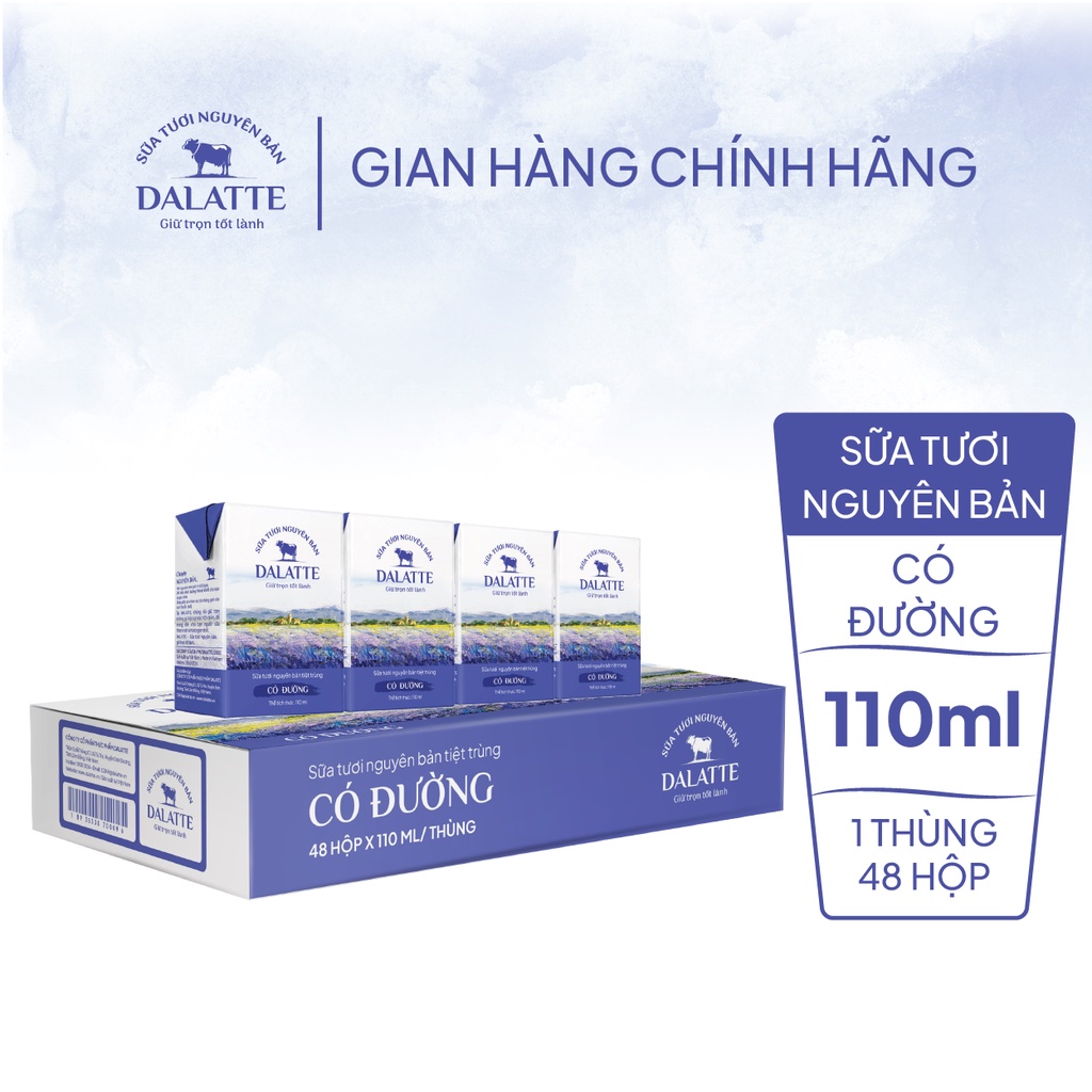 Thùng 48 hộp DALATTE 110ml SỮA TƯƠI NGUYÊN BẢN tiệt trùng - Có đường - 48 hộp - Giữ trọn nguyên bản, trao trọn tốt lành