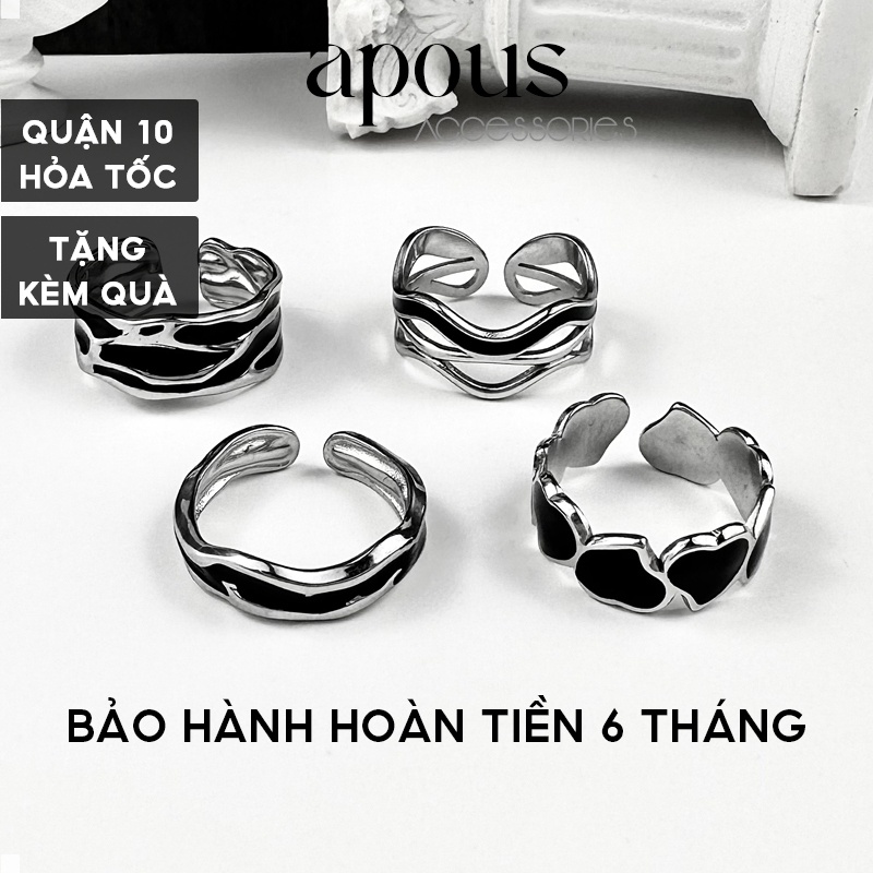 Nhẫn nam nữ Vâng Sóng đen Trái Tim Freesize N066 - Thép Titan - Phụ kiện trang sức Unisex Apous