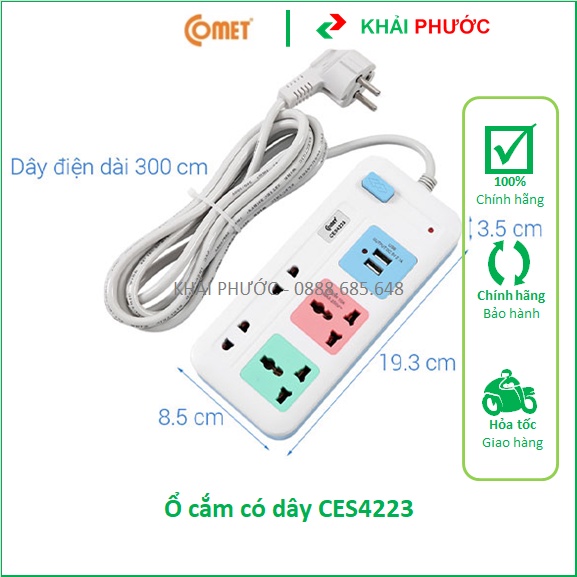 Ổ cắm điện Comet có dây dài 1 mét 2 mét 3 mét 5 mét có USB 2500W 1800W - Khải Phước Electric