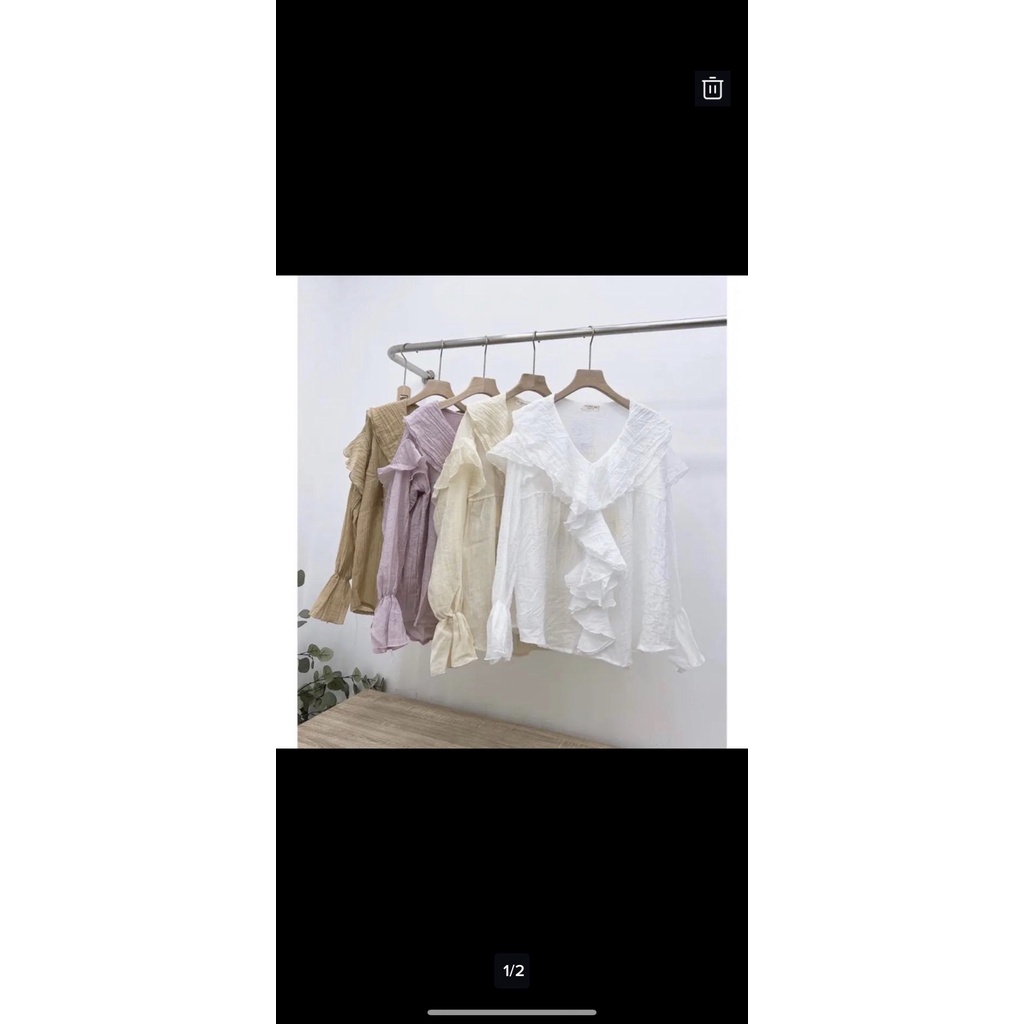 Áo Sơ Mi Tơ Nhăn Cổ V Phối Bèo Dài Tay Phong Cách Tiểu Thư Hàn Quốc