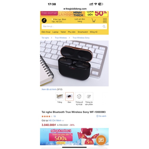 Tai nghe Bluetooth Sony WF- 1000XM3 Chính hãng likenew Bảo Hành Chính Hãng 30/3/2024