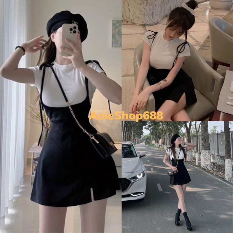 set váy hai dây yếm xẻ đùi và áo phông ,áo phông kèm yếm váy hàn quốc ulzzang ,yếm váy kèm áo nữ trẻ trung ANIESHOP688