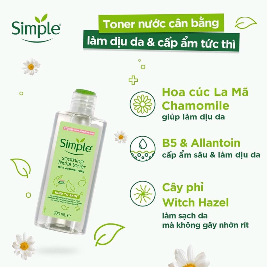 Nước hoa hồng Simple Toner Kind To Skin Soothing Facial không cồn 200ml