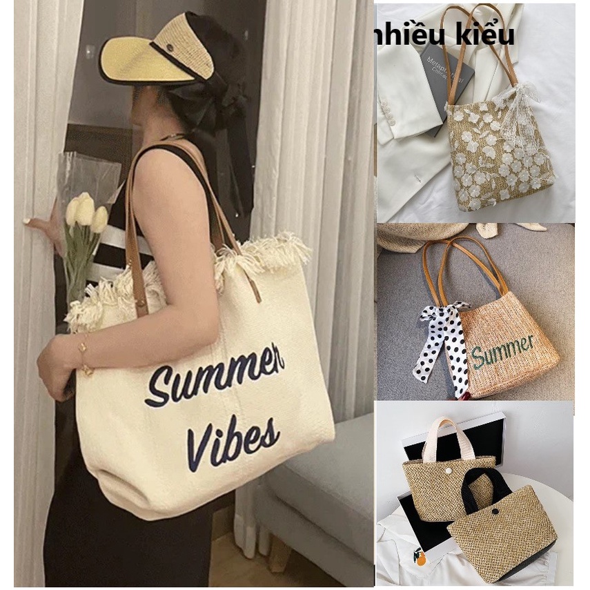 Túi cối quai sách nữ mùa hè đơn giản nhiều loại in chữ Summer hoặc trơn.