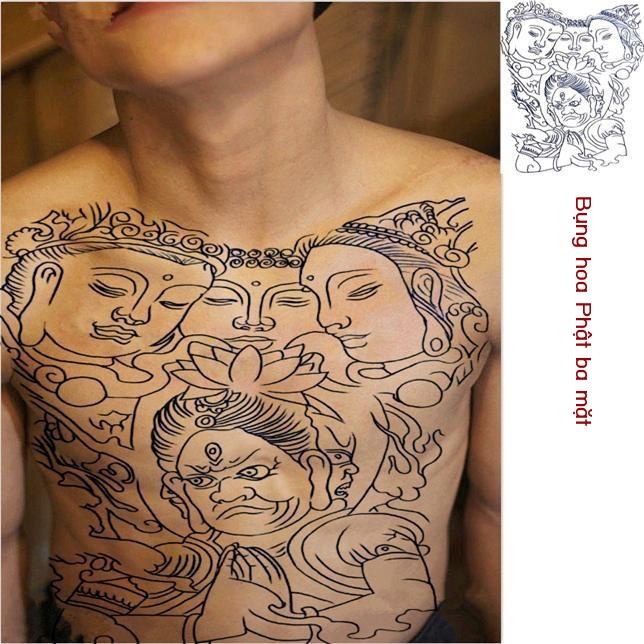 Hình xăm Phật tam diện dòng màu xanh dán ngực hình lớn chống thấm nước lâu dài full lưng nữ Phật tam diện vua