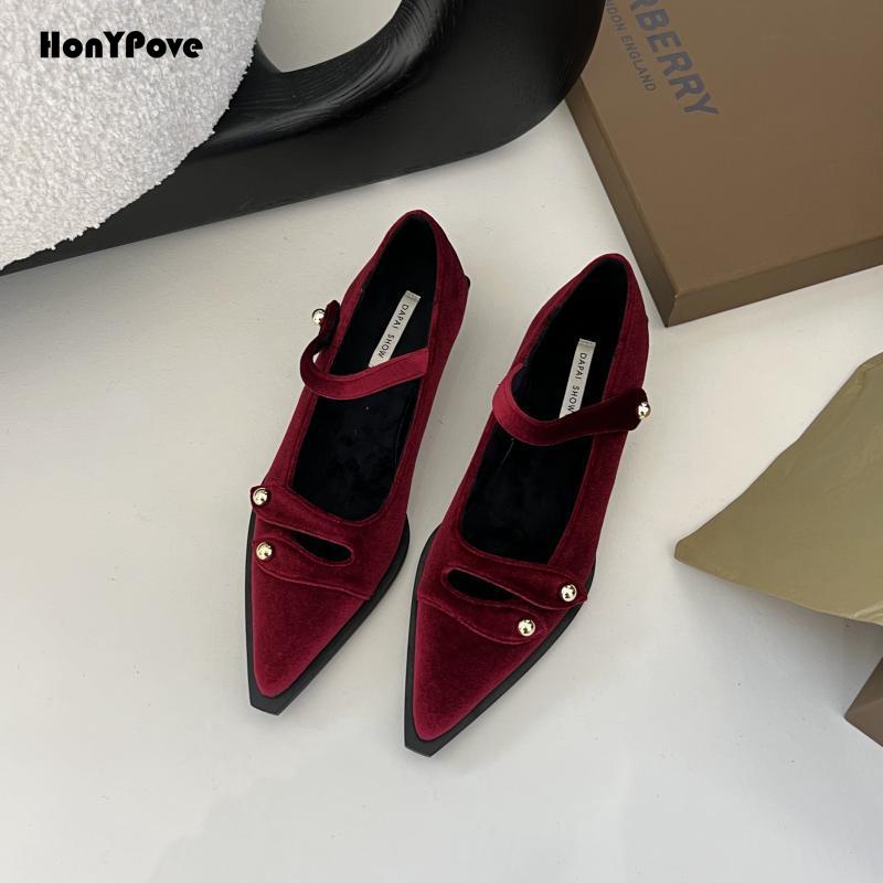 Honypove Giày Búp Bê Mũi Nhọn Phối Dây Cột Vải Nhung Phong Cách Retro Pháp Cao Cấp