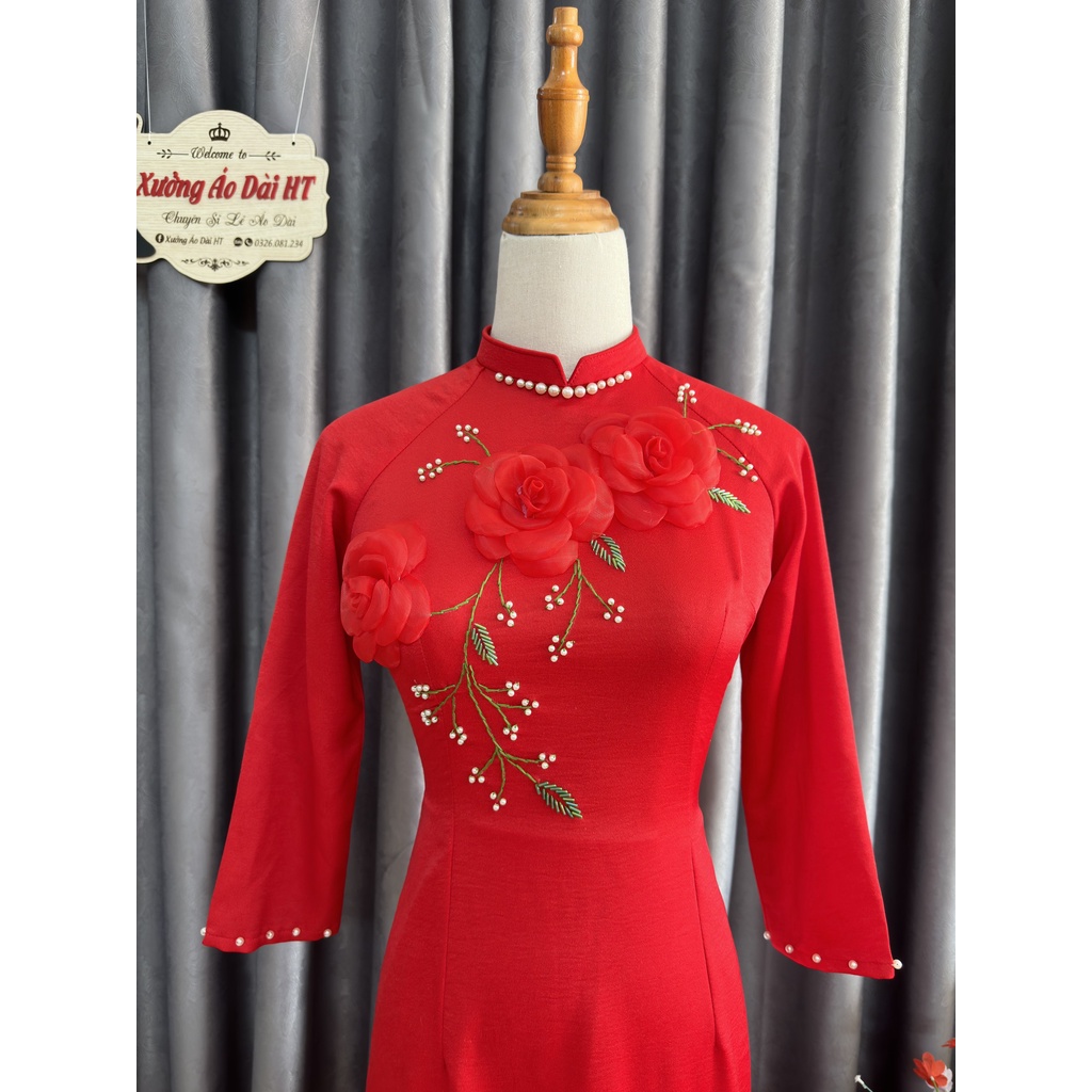 Áo dài lụa tây thi thêu hoa đính kết trẻ trung sang trọng