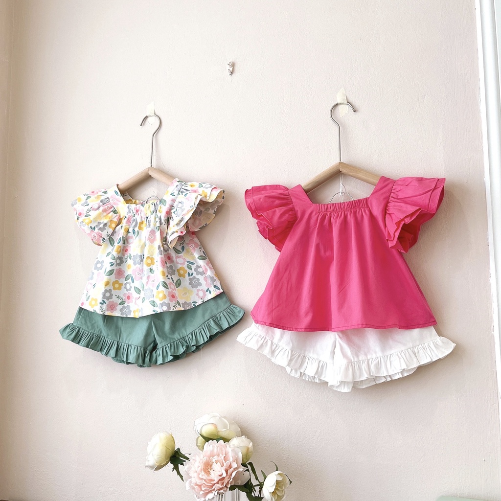 Set bộ bé gái cao cấp chất thô lụa hoa vàng, hồng trơn xinh xịn mịn