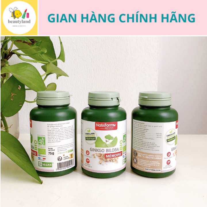 Bổ não Ginkgo Biloba Bio Nat Form tăng cường trí nhớ sản phẩm hữu cơ Pháp hộp 200 viên