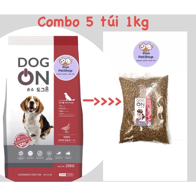 Thức ăn hạt cho chó Dog on 5kg - combo 5 tui 1kg dùng cho mọi lứa tuổi