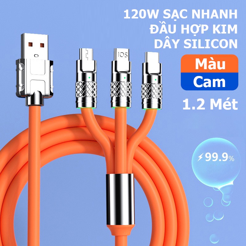 Dây Cáp Sạc Nhanh 3 Đầu 120w Hỗ Trợ Sạc Nhanh 3 Trong 1, Chất Liệu Silicon và Hợp Kim Kẽm Siều Bền - TuHaiStore