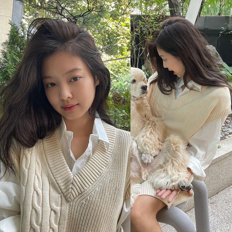 Áo gile len nữ sinh Jennie màu be vặn thừng một bên