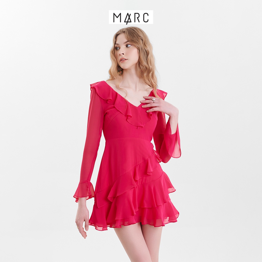 Đầm nữ MARC FASHION mini cổ tim tay dài phối bèo TRSH023123