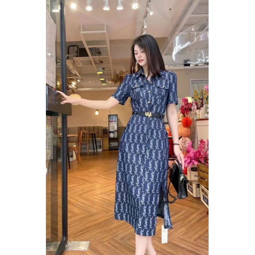 Hàng nhập - Đầm jean suông tay ngắn cổ sơ mi cài nút trước, váy bò hoa văn sang trọng