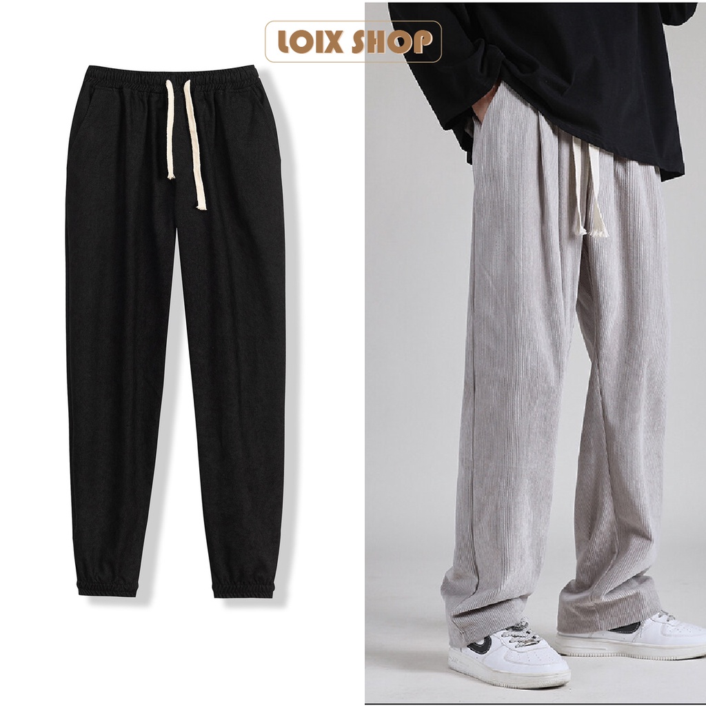 Quần nhung tăm dài dáng suông baggy ống rộng nỉ kèm dây dút basic nam nữ unisex Loix