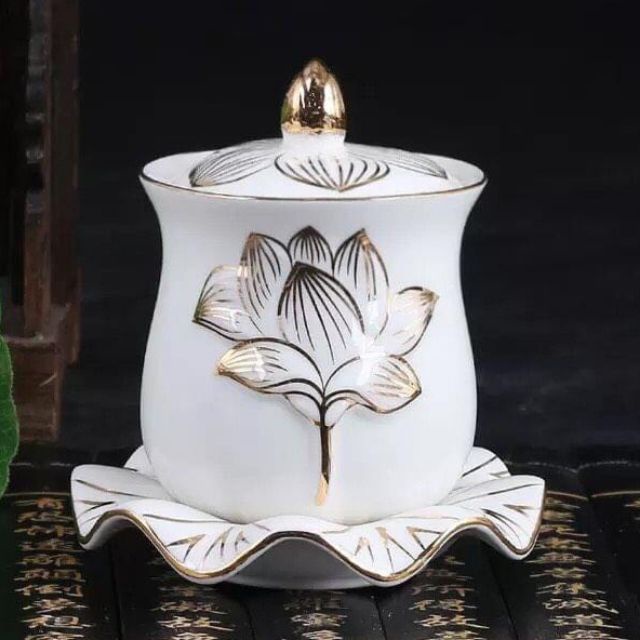 Bộ Thờ Cúng, Chung Nước Đại Bi Bạch Ngọc Sen Nổi Bằng Sứ Cao Cấp Loại 1