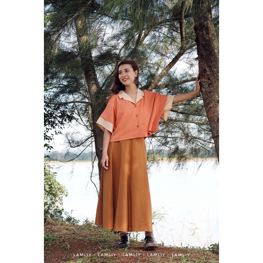 LAMLIY - Áo cổ vest phối cổ-tay linen