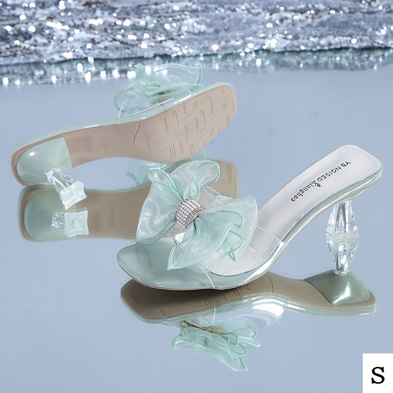 Dép Cao Gót Quai Ngang Trong Suốt Đính Đá Thời Trang Mùa Hè 2022 Cho Nữ