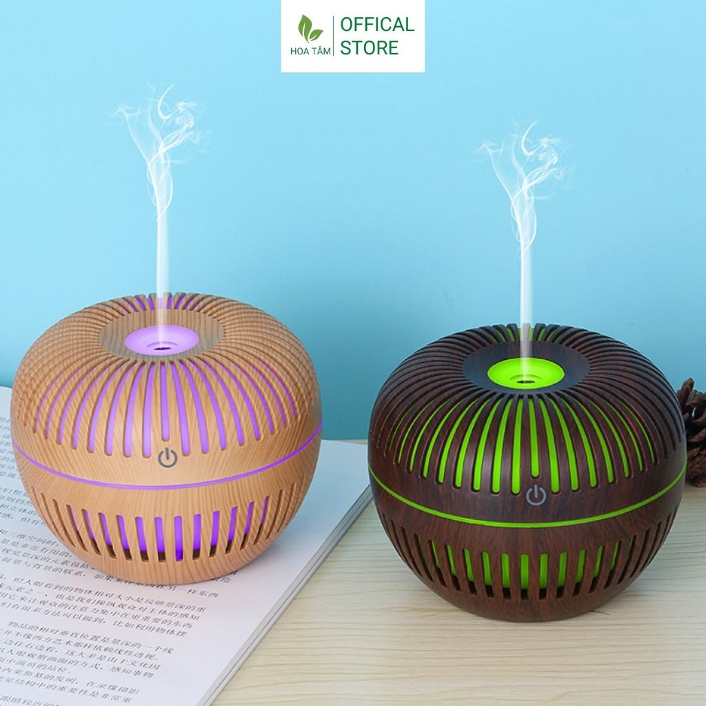 Máy xông tinh dầu phòng ngủ phòng khách, hình quả táo vân gỗ, đèn lồng led 7 màu, dung tích 200ml | BH 6 tháng