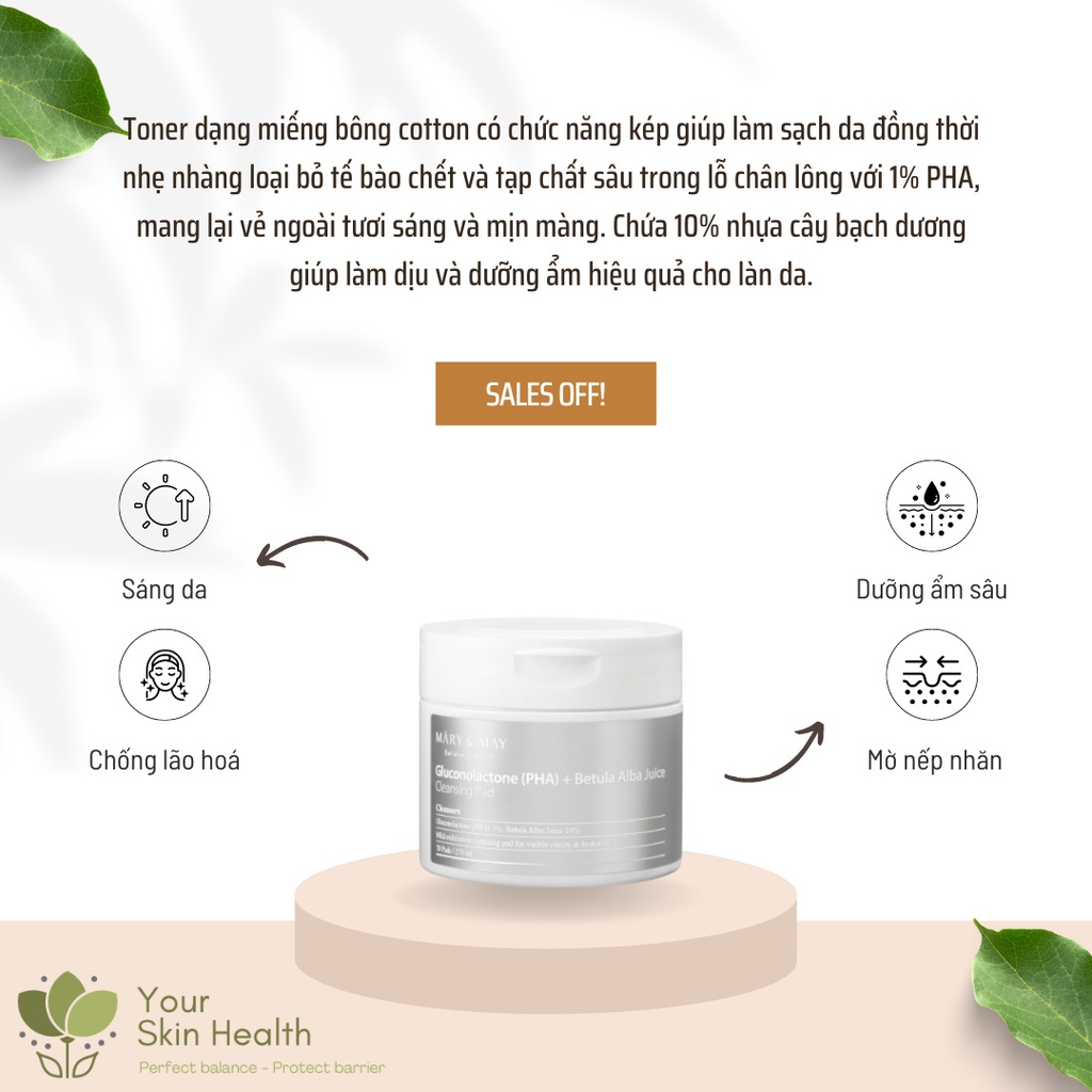 Pad Tẩy Da Chết Mary & May Gluconolactone  + Betula Alba Juice Cleansing Pad 70EA 270ml