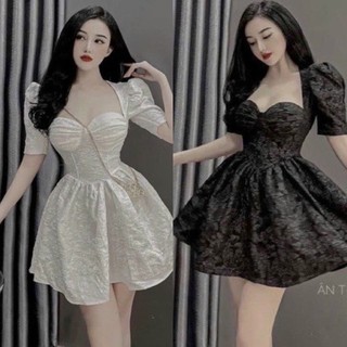 đầm gấm cúp mút tay ngắn xòe bồng tiểu thư
