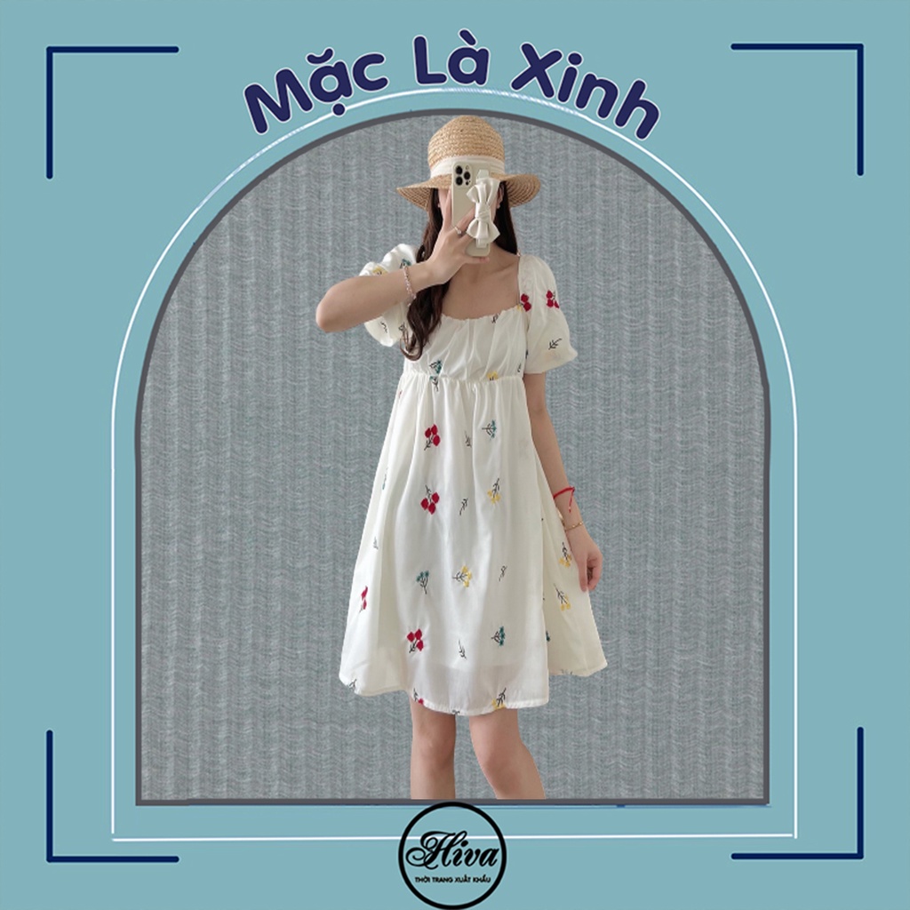 Váy hoa nhí thêu vintage tay dài body dáng ngắn , Đầm nữ babydoll thiết kế siêu xinh