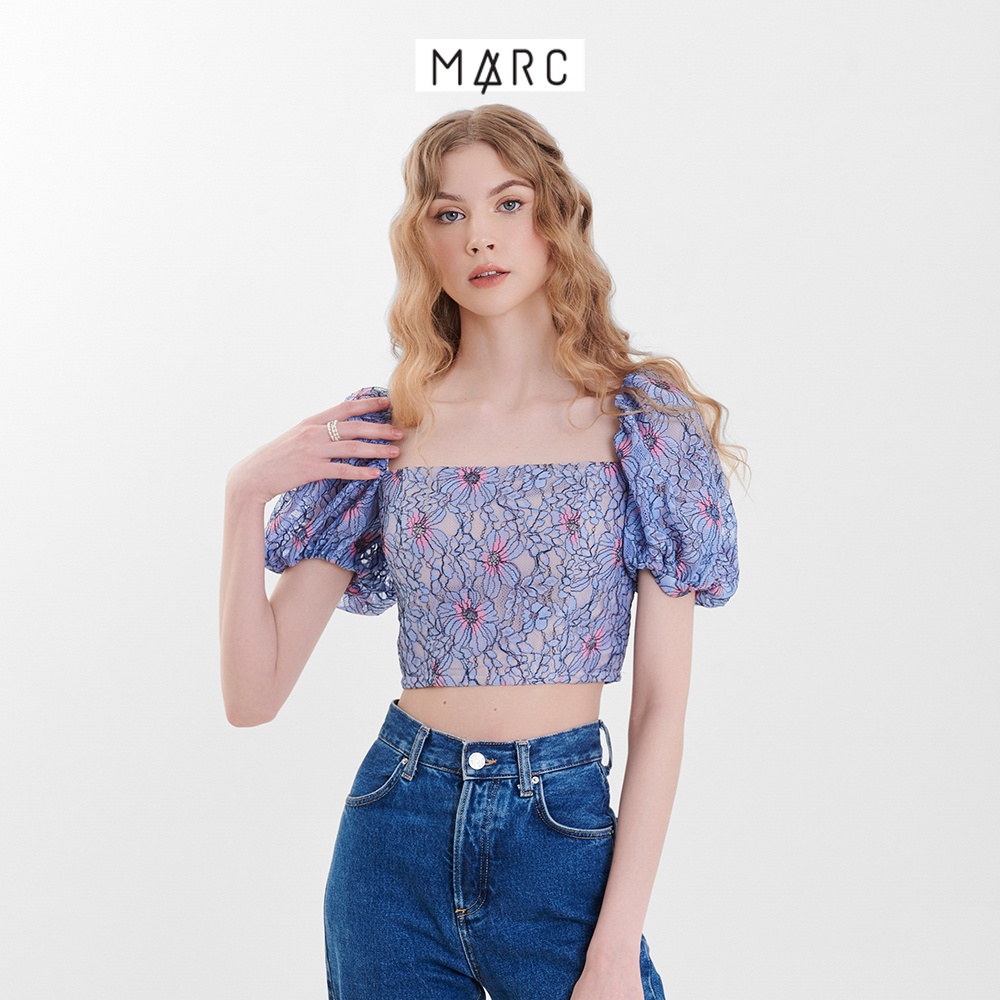 Áo kiểu nữ MARC FASHION ren hoa cổ vuông smoking lưng tay phồng FALH030923