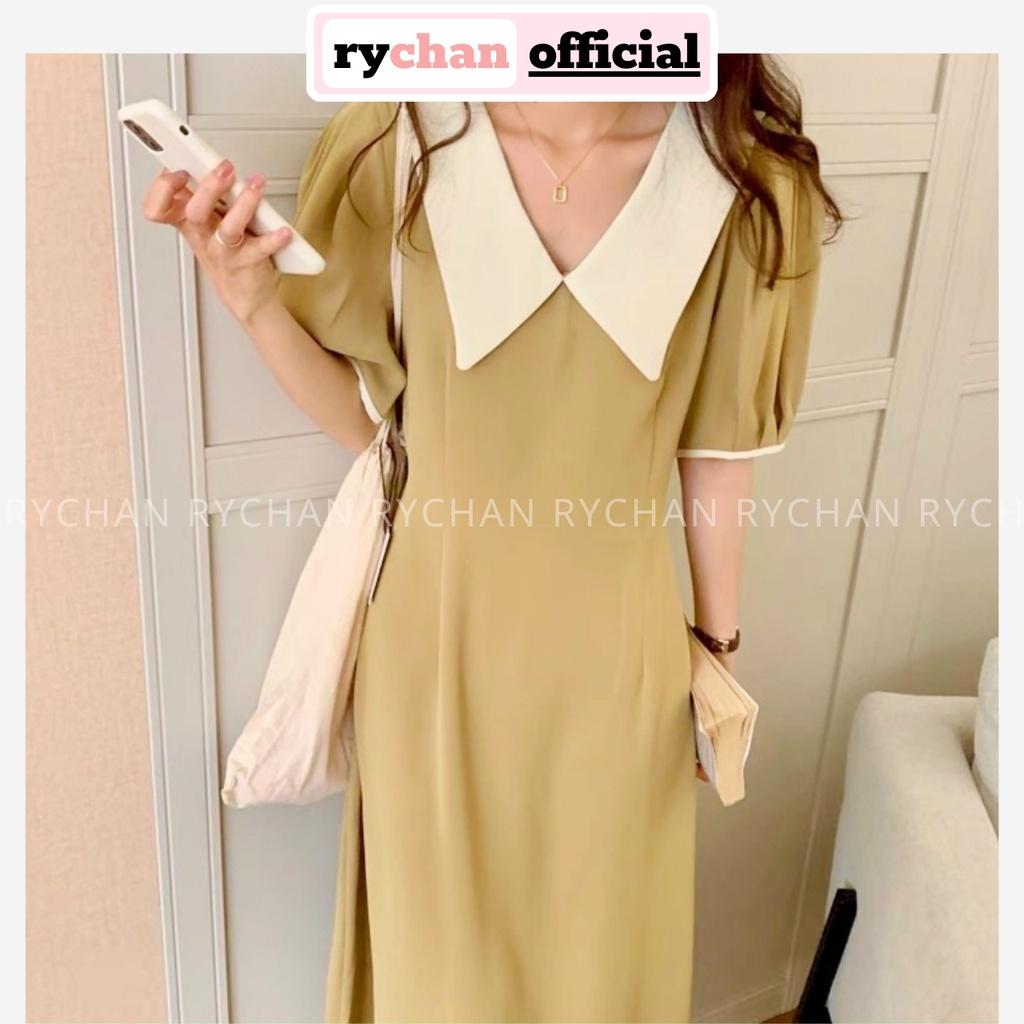 [ẢNH THẬT CUỐI] Đầm Váy Nữ Tay Ngắn Cổ Lá Phối Trắng Thanh Lịch, Đầm Nữ Dạo Phố Form Dài Basic Xòe Màu Kem - DX360