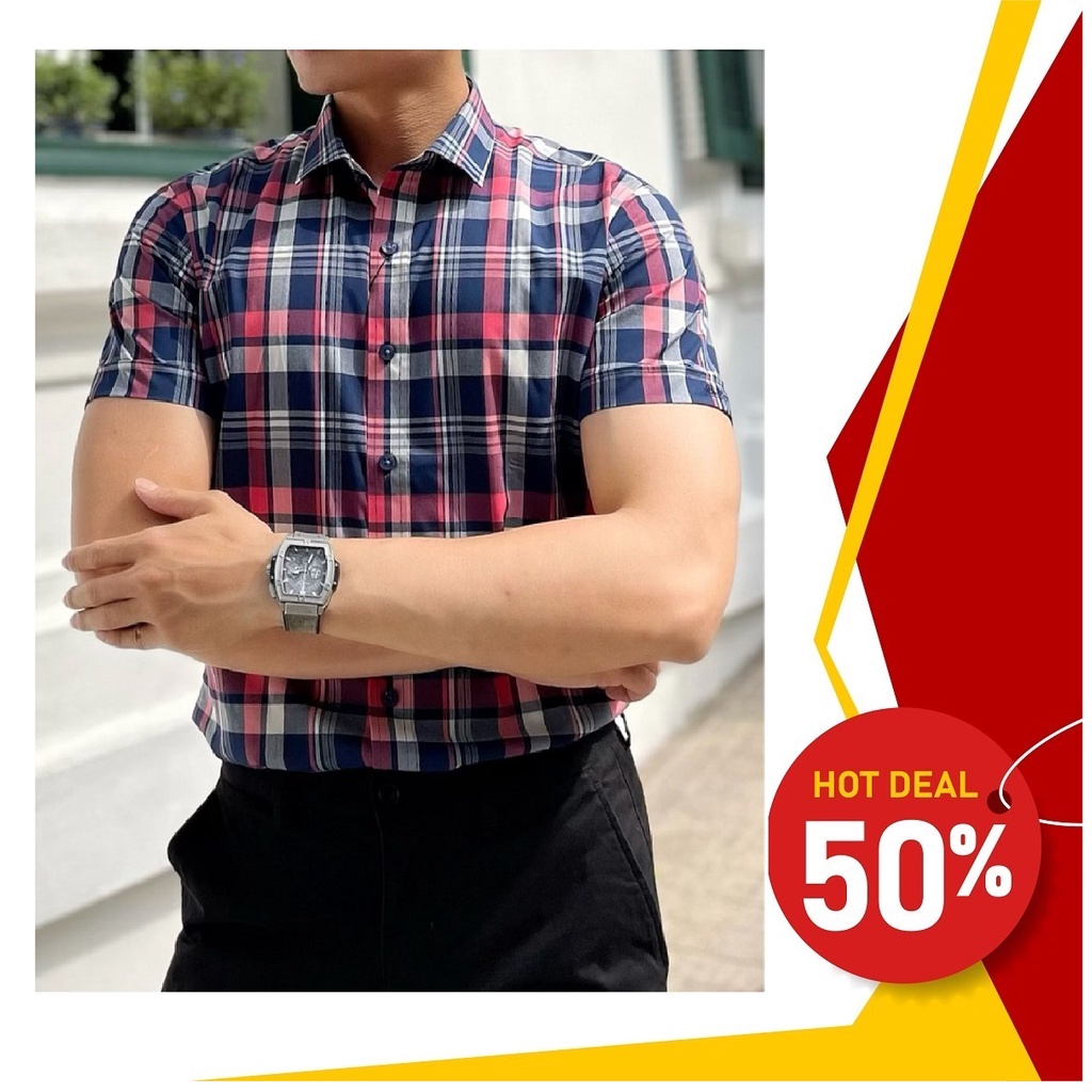 Áo sơ mi nam ngắn tay slimfit BELLUNI hoạ tiết caro trẻ trung - ANS.BPS.BE.206.B1
