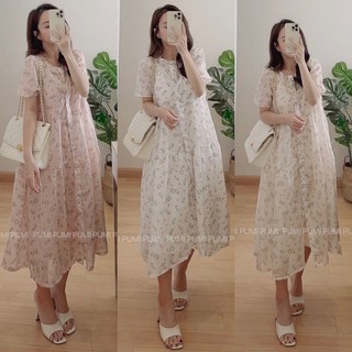 Đầm BBD hoa có hàng nút gài kèm lót trong tay ngắn 3 màu freesize Pumi 14251