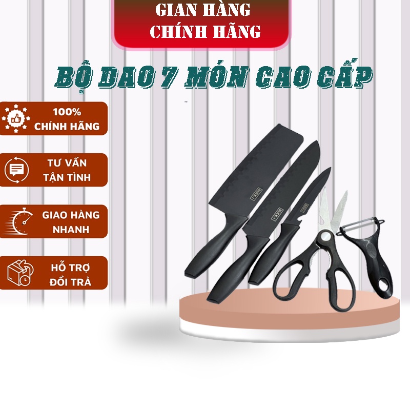 Bộ Dao Thớt 7 món Buck-I cao cấp màu đen - Chất liệu chống gỉ sét, bền đẹp, dễ dàng lau chùi, dụng cụ nhà bếp