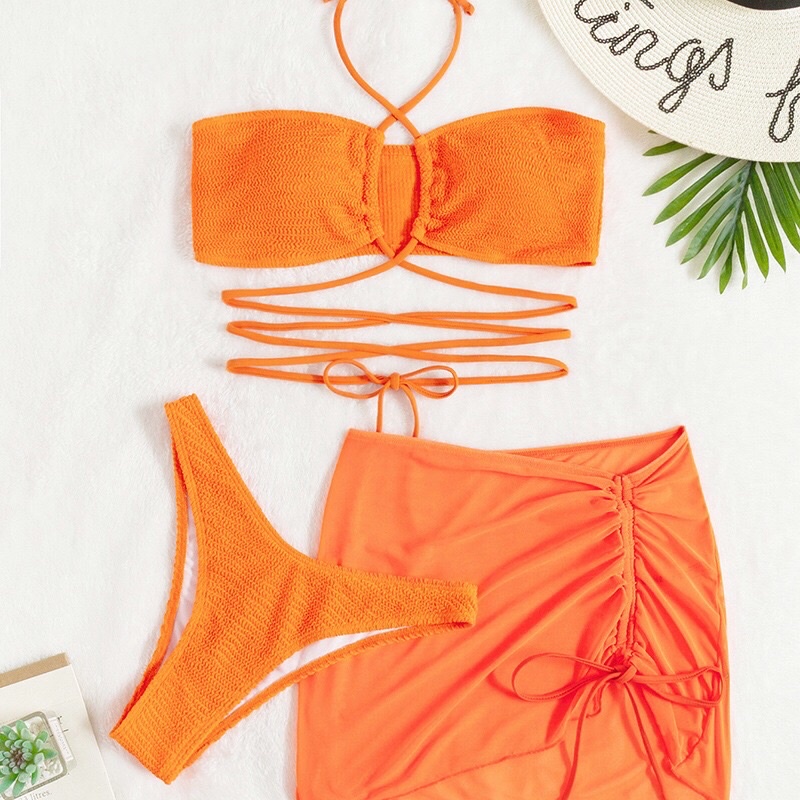 Bikini nữ 3 mảnh hàng nhập cao cấp áo quây cột ngực quần chip kèm váy lưới dây rút vải xốp nhiều màu