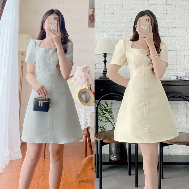 Đầm cổ vuông tay ngắn thiết kế phối cúc