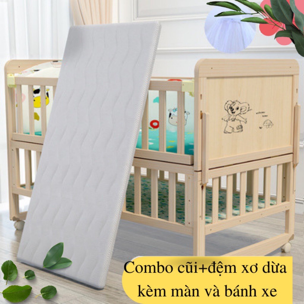 Cũi cho em bé GENMAMA đa năng kèm bộ quây đệm hoàng gia và đệm xơ dừa - Combo trọn bộ - Tặng kèm mùng chống côn trùng