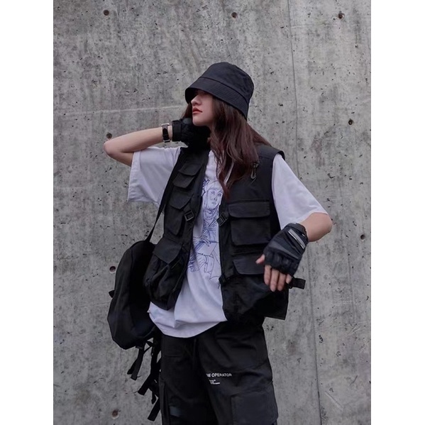 Áo gilê GILE nam nữ áo siêu mỏng đen ngầu cá tính Hàn bigsize form rộng hot street style darkswear menswear áo túi hộp