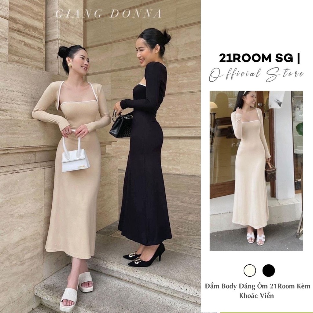 Đầm Body Dáng Ôm 21Room Kèm Khoác Viền Ngoài Cực Xinh Đầm Dự Tiệc Đi Làm Đi Chơi Chất Thun Dễ Mặc