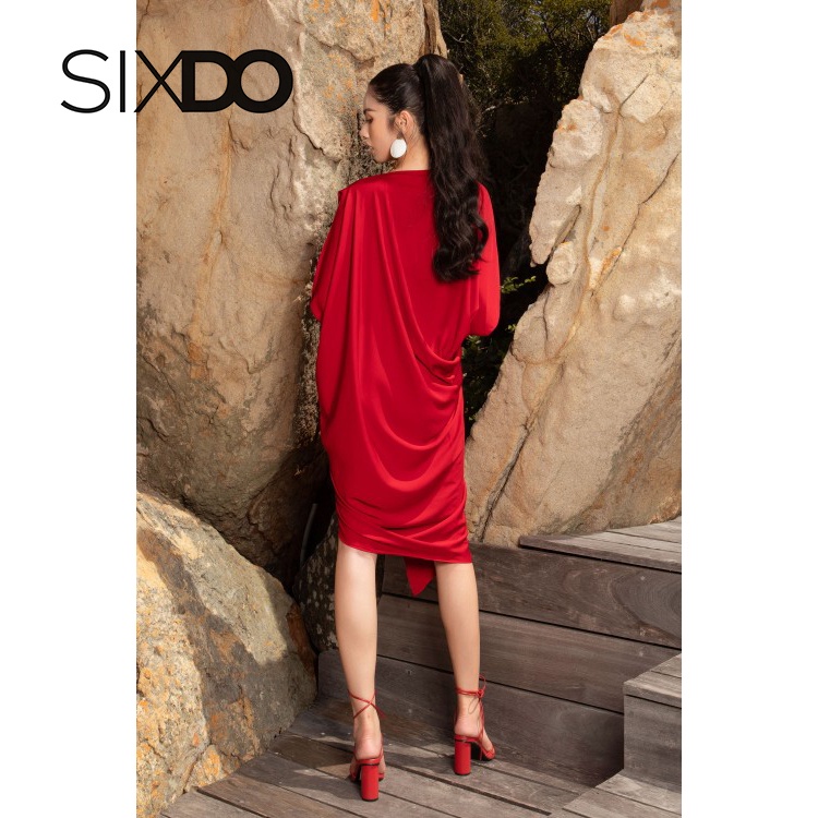 Đầm midi lụa đỏ cổ tim thời trang SIXDO (Drak Red Midi Silk Dress)