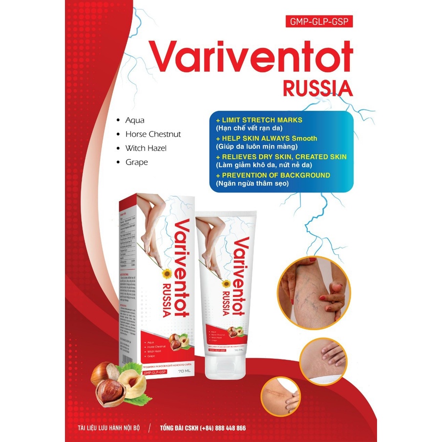 Kem thoa giãn tĩnh mạch VARIVENTOT RUSSIA giúp hạn chế vết rạn da, giảm khô da, nứt nẻ da - tuýp 70ml