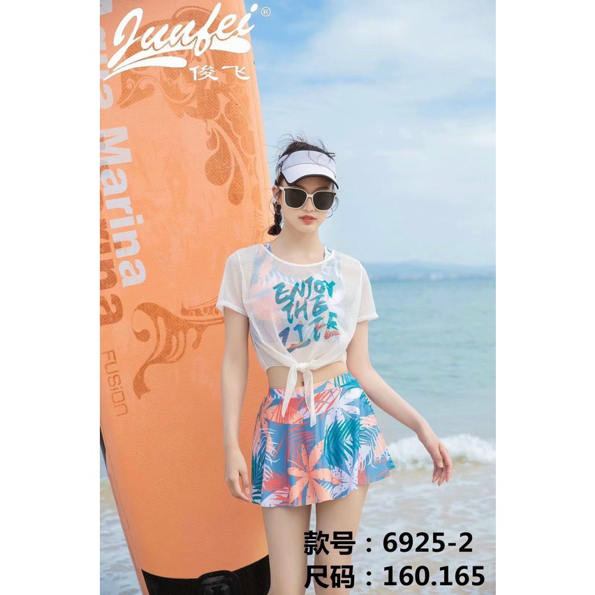 Bộ bơi bikini 2 mảnh kèm áo choàng ngoài buộc vạt, quần váy tôn dáng che khuyết điểm cho nữ đi biển cao 155-165cm
