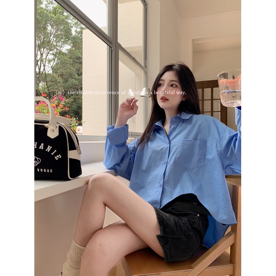 QKOOLE Áo sơ mi nữ  dài tay cổ bẻ dáng rộng thời trang Hàn Quốc