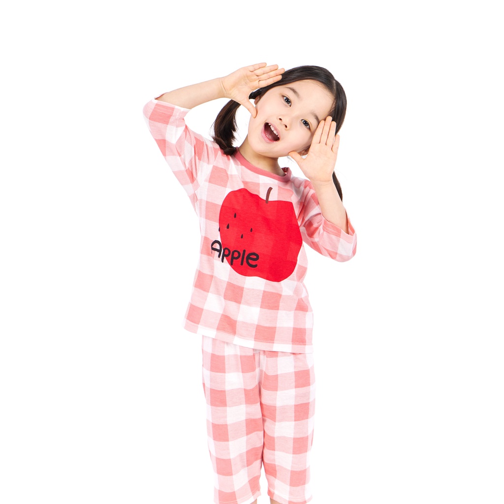 Bộ pijama lửng 100% cotton cho bé gái Apple Check - Olomimi Hàn Quốc
