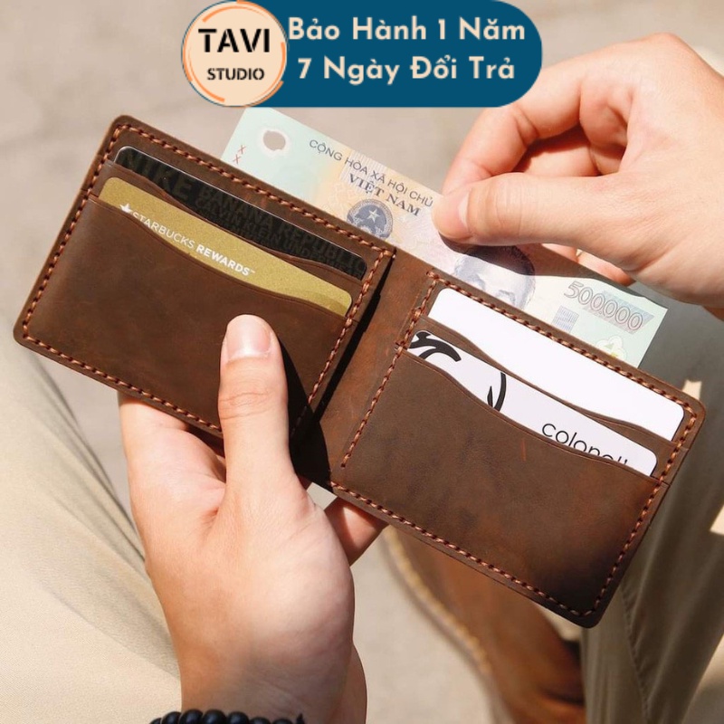 Ví Nam Mini Da Bò Sáp Ngựa Điên Thời Trang Nam Tính Đựng Tiền Và Đựng Thẻ Tavi Studio - Ví V2 Dáng Ngang