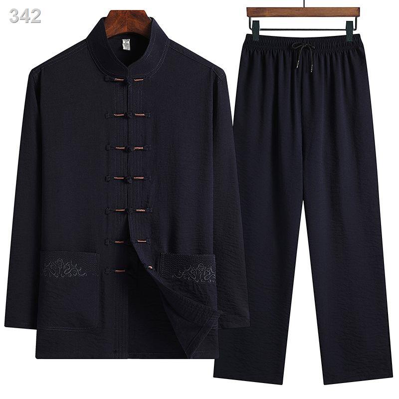 【HOT】♘Bộ đồ dài tay bằng vải lụa băng cho nam trung niên và cao tuổi phong cách Quốc bố quần áo mùa hè người già ông nội