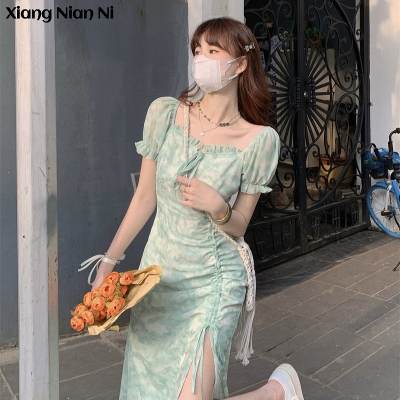 Xiang Nian Ni Đầm dài cổ vuông màu nhuộm phong cách Pháp thời trang mùa hè 2023 cho nữ